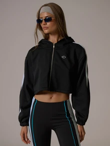 Musera Sport Zip Through Side Contrast Stripe Logo Front Hooded Cropped Pocket Detail Sweatshirt Fall Autumn Winter Gym Active Pilates Motion - Black - View 1