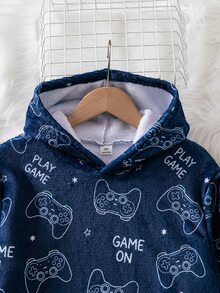 Boys Thick Flannel Hooded Home 2 Pieces Set, All-Over Print Game Controller Pattern Cuffed Long Pants Fuzzy Pajama Set - Navy Blue - View 3