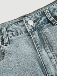 SHEIN MOD 女款休閒牛仔裙，附口袋與摺邊下擺 - 藍色 - 查看 4