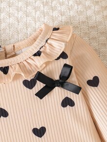 SHEIN Girls' Spring/Autumn Long Sleeve Ribbed High Elastic Set, Sweet Large Ruffle Collar With Delicate Bow, Black Heart Print, Stylish And Durable, Princess Style For Toddlers - Khaki - View 4