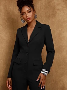 SHEIN Lunessa Jumpsuit Blazer Hitam Modis untuk Komuter - Hitam - View 5