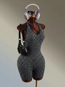 Mistrie Jumpsuit Olahraga & Kebugaran Tanpa Jahitan Tanpa Lengan dengan Leher Halter Motif Leopard Abu-abu - Dark Grey - View 6