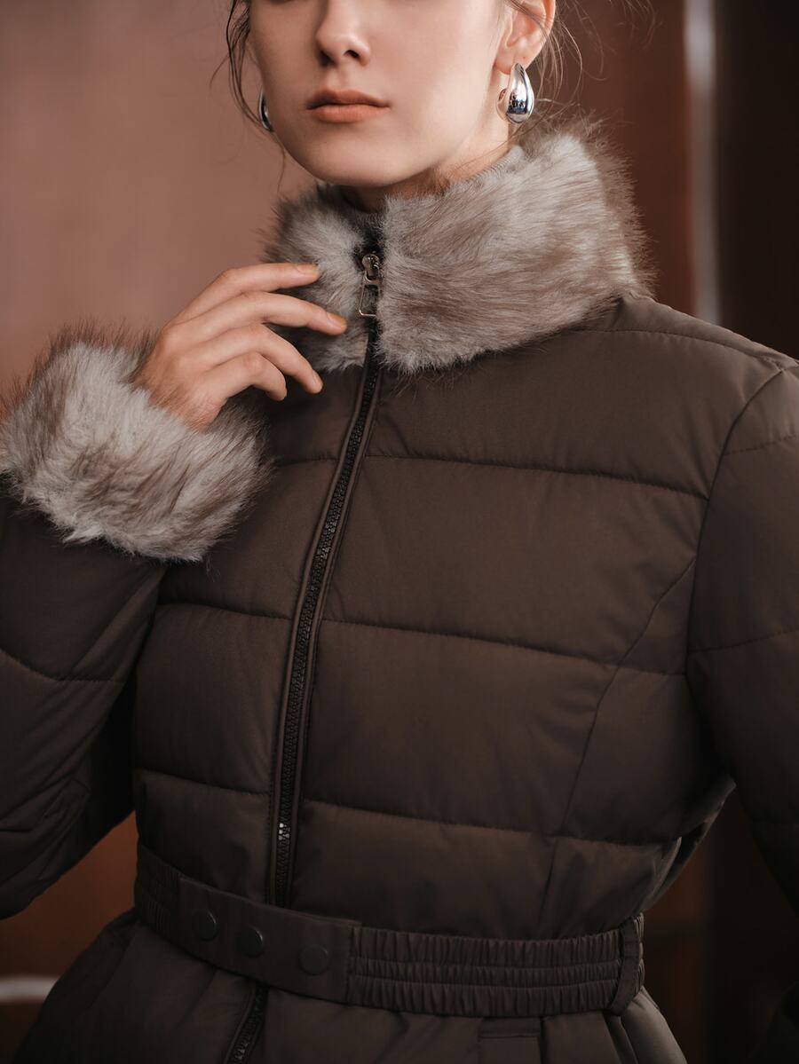 Anewsta Furry Collar Furry Cuffs Patchwork Waist-Cinching Regular Shoulder Fashion Casual Commuter Winter Coat - Coffee Brown - View 1