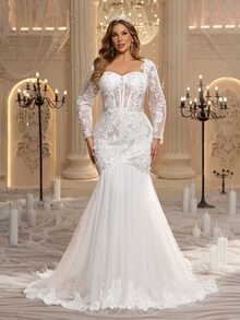 Glamrae Plus Size Sweetheart Neckline Long Sleeve Mermaid Tail Romantic Train Wedding Dress - White - View 2