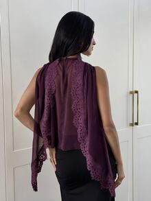 Aloruh Women's Elegant Chiffon Lace Patchwork Ruffle Collar Blouse - Purple - View 2
