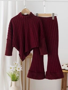 SHEIN Elladie kids 少女款紅色羅紋高領兩件套，高領長袖不對稱上衣配紅色人造毛飾袖口，搭配羅紋喇叭褲，秋冬款 - 紅色 - 查看 4