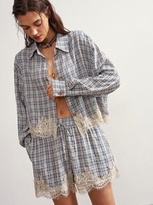 Bohemela Women's Vintage Blue Plaid Color-Block Shirt And Shorts Two Pieces Set With Lace Trim, Perfect For Autumn, Vacations, Going Out, And Halloween Outfits - Blue - View 3