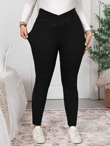 EMERY ROSE EMERY ROSE Plus Size Asymmetrical Waist Casual Daily Wear Denim Jeans,V-Crossover Waist,High-Waisted Jeggings,Workwear Pants,High-Waisted Jeggings,Halloween,Chri - Black - View 1
