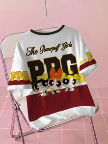 THE POWERPUFF GIRLS X SHEIN Plus Size Women's Letter Cartoon Print Round Neck Short Sleeve Casual T-Shirt - White - View 2