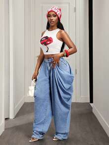 SHEIN CURVE+ Plus Size Light Blue Vintage Washed 3D Draped Ruched Wide Leg Denim Jeans With Half Elastic Waistband, Asymmetrical Pockets, Loose Deconstructed Casual Floor-Length Pants - Light Wash - View 3