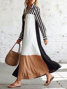 SHEIN Casual Commute Minimalist Women's Long Sleeve Striped Multicolor Dress, Autumn/Winter Style, Suitable For Office, Work And Outings - Multicolor - View 4