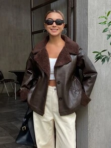 DAZY Autumn/Winter Deep Brown Turn Collar Flight Leather Jacket Lamb Fleece Lining Loose Vintage Street Commute Cool Women's Padded Coat - Coffee Brown - View 3