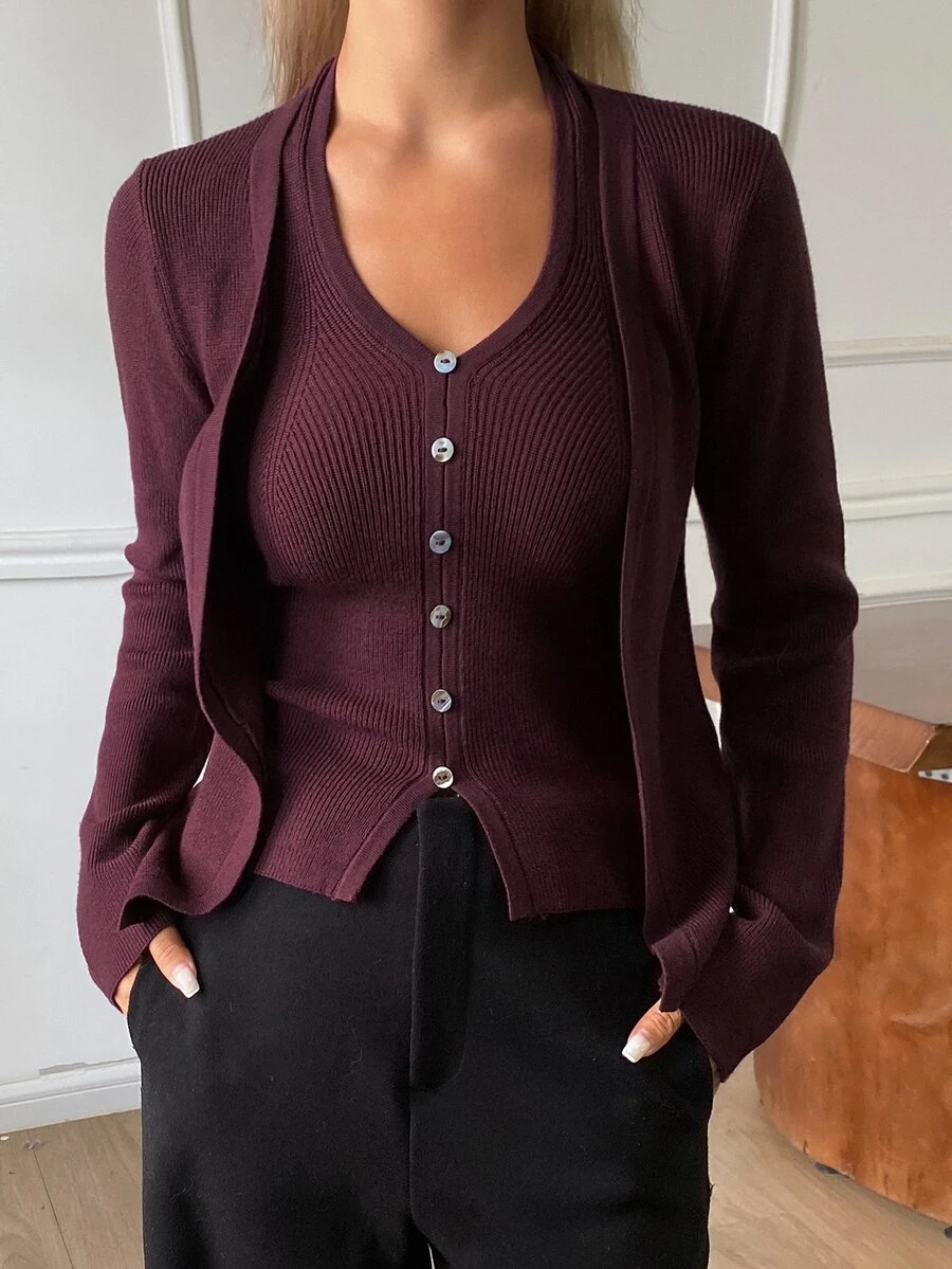 DAZY Women's Solid Color Long Sleeve Open Front Knit Cardigan And Button Design Halter Neck Knit Top Set - Red Violet - View 1
