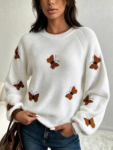 SHEIN Women's Knitted Pullover Top With Butterfly Embroidery - White - View 4