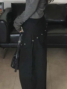 DAZY 女款鏤空設計側腰綁帶寬腿休閒牛仔褲 - 黑色 - 查看 7