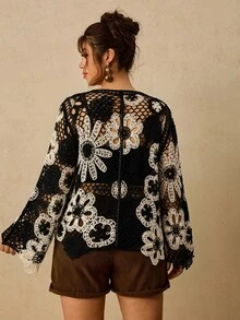 Travachic Plus Size Women's Spring/Autumn Hollow Crochet Long Sleeve Fashion Versatile Design Knit Top Fall - Multicolor - View 2