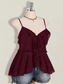 SHEIN ICON Women's Plus Size Ruffle Chiffon Solid Color Front Tie Strap Tank Top - Maroon - View 6