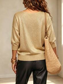 Ceyna Plus Size Women's Fashion Shiny V-Neck Short Sleeve Pullover Sweater, Casual Daily Minimalist Versatile Top For Spring, Summer, Autumn Winter - Khaki - View 2