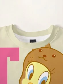 LOONEY TUNES X SHEIN TWEETY 可愛熊圖案拼色大尺碼女款圓領抓絨運動衫，秋冬款 - 白色 - 查看 5