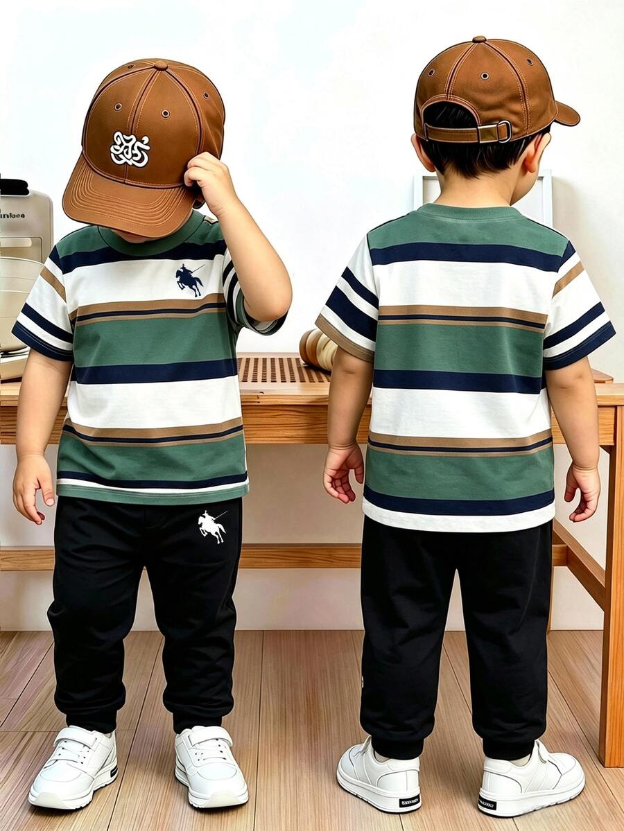 Young Boy Autumn New Arrival Striped Casual Minimalist Loose Comfortable Sporty Style Crew Neck Short Sleeve Knit Pullover & Long Pants 2 Pieces Set - Multicolor - View 1