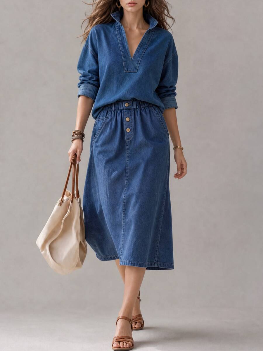 SHEIN Casual Denim Daily Wear Washed Comfortable Flattering Versatile Classic Denim Top For Women - Medium Wash - View 1