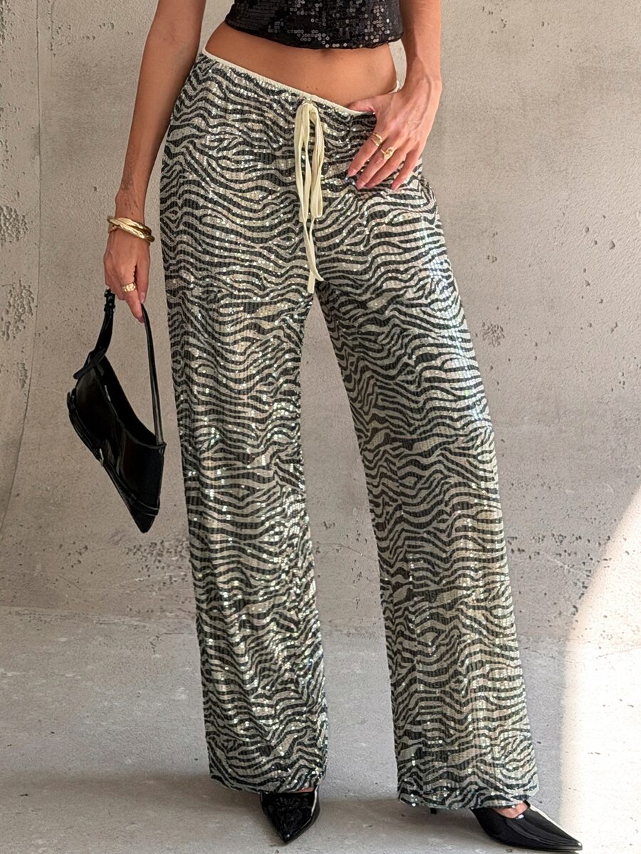 Aloruh Women's Zebra Print Sequin Long Pants - Black and White - View 1