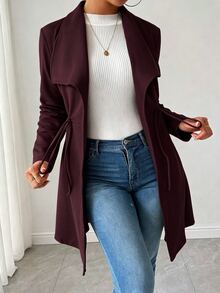 SHEIN Raffinéa Women's Solid Color Long Sleeve Casual Smart Casual Business Casual Suede Drawstring Jacket Office Burgundy Autumn/Winter - Red Violet - View 5