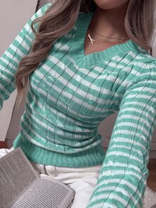 CovetEZ 女款長袖條紋拼接粗針編織毛衣，適合日常通勤與外出 - 彩色 - 查看 4