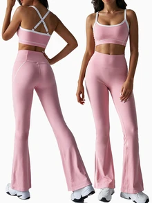 SHEIN Sovereign Charm Women's Striped Colorblock Cropped Tank Top And Flared Leggings Sports Set - Pink - View 6