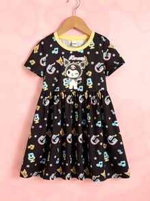 HELLO KITTY AND FRIENDS | SHEIN Gaun Kasual Lengan Pendek Motif Kartun Not Musik untuk Anak Perempuan - Hitam - View 3