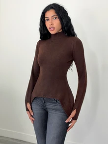 Elenzga Women's Casual Solid Color Stand Collar Asymmetric Hem Sweater, Autumn/Winter - Coffee Brown - View 3