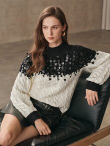 Anewsta French Autumn/Winter High-End Fashion Design Elegant Sophisticated Evening Style Heavy Beaded Sequin Wheat Pattern High Neck Knit Sweater - Black and White - View 3