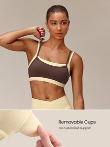 GLOWMODE FeatherFit™ 2-In-1 Removable Padding Mock 2 Piece Design Colorblock Sports Bra With Removable Anti-Slip Cups Yoga Pilates Studio Daily Wear - Cinnamoninspiration - View 3