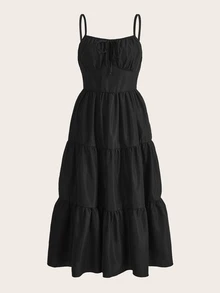 ROMWE Women's Extra Long Black Pure Cotton Versatile Casual Retro Dress - Black - View 1
