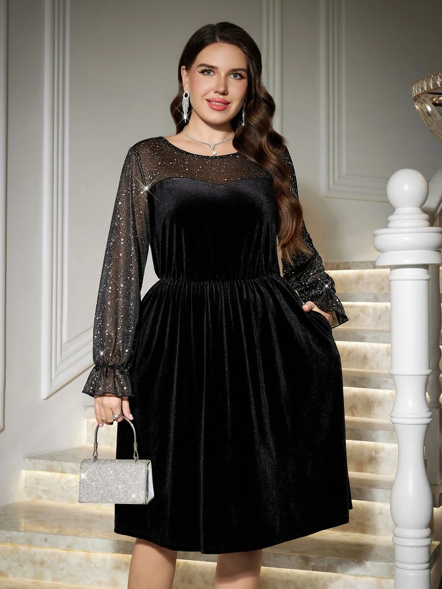 SHEIN Clasi Plus Size Velvet Glitter Party Banquet Dress - Black - View 1