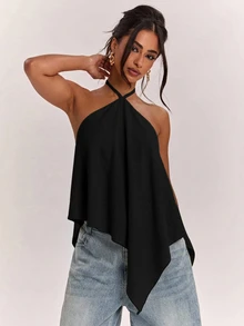 SHEIN BAE Women's Solid Color Casual Versatile Daily Wear Halter Neck Top - Black - View 5