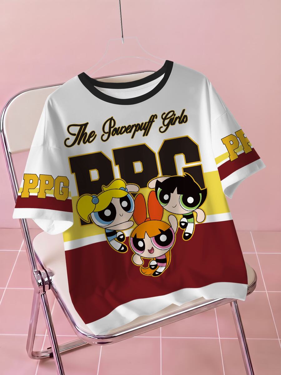 THE POWERPUFF GIRLS X SHEIN Plus Size Women's Letter Cartoon Print Round Neck Short Sleeve Casual T-Shirt - White - View 1