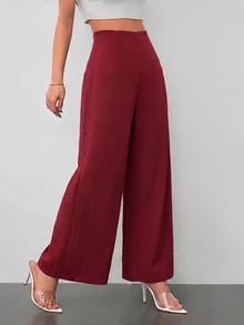 SHEIN PETITE 女款極簡休閒時尚返校季老錢風通勤高腰紋理寬腿褲 - 酒紅色 - 查看 3