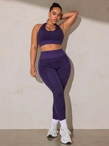 Rhythm Era Women's Plus Size Leopard Print Halter Tank Top And Leggings Sports Kawaii Set Gym Purple Summer - Purple - View 3