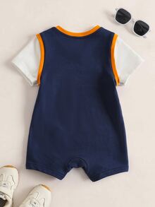 TOM & JERRY X SHEIN Baby Boy Letter Cartoon Print 2 In 1 Short Sleeve Casual Romper - Blue - View 2