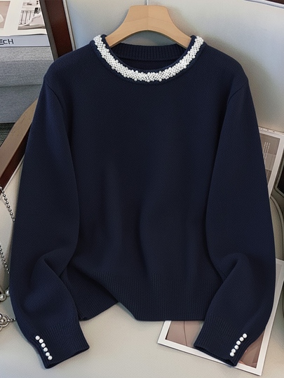 GlowEve CURVE Camisola de malha feminina Plus Size elegante com pérolas, gola redonda, manga comprida, estilo pullover, azul-marinho, para escritório, festa e noite, outono/inverno