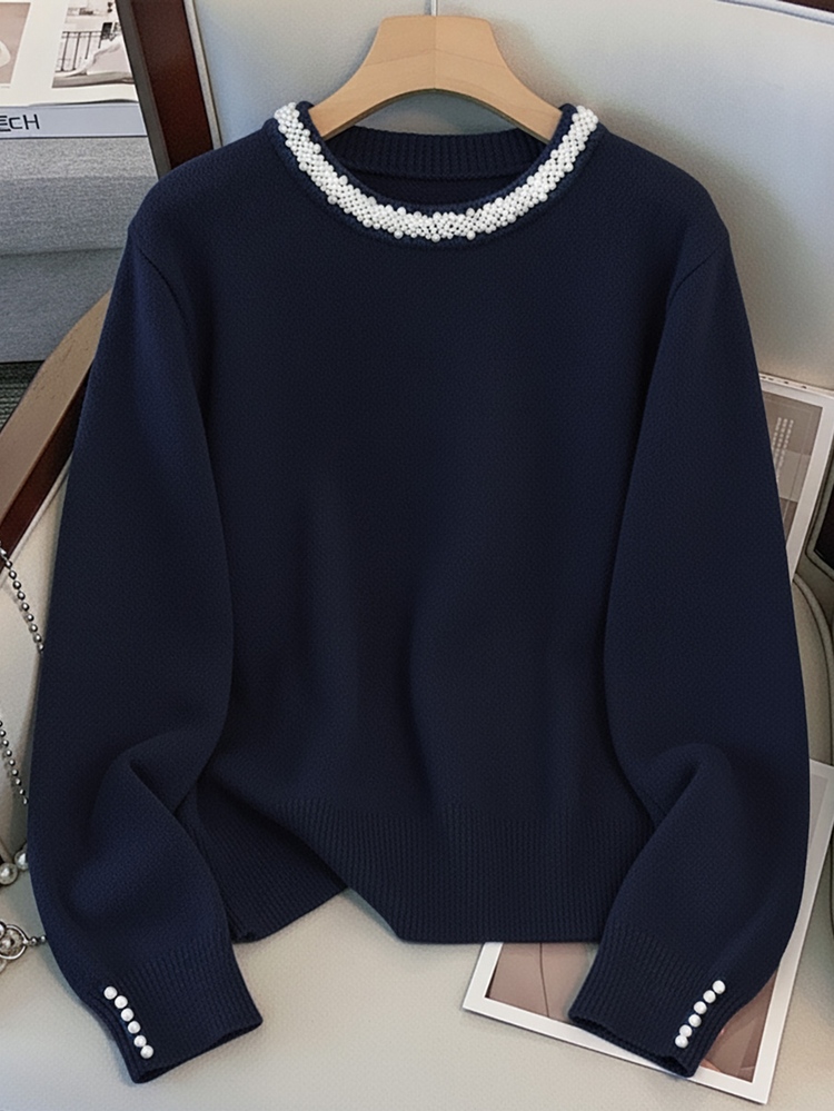 GlowEve CURVE Plus Size Elegant Pearl Round Neck Long Sleeve Pullover Sweater - Navy Blue - View 1