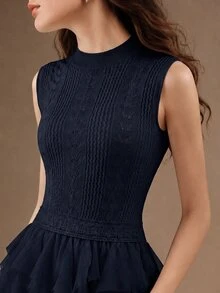 Anewsta Gaun Panjang Wanita Terbaru Tanpa Lengan, Rajutan Crochet, Patchwork, Multi-Layer, Hem Berumbai, Romantis dan Elegan - Navy Blue - View 2