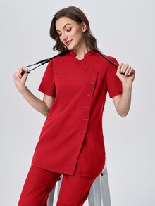 Scrubzie 抗皺立領短袖多鈕扣女款刷手服上衣與長褲兩件套 - 紅色 - 查看 2