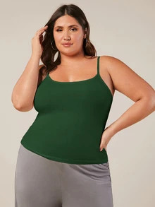 SHEIN BASICS 大尺碼純色細肩帶背心上衣 夏季女款穿搭上衣 - 墨綠色 - 查看 5