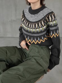 FRIFUL Women's Autumn/Winter Casual Retro Vintage 70s Geometric Pattern Sweater Everyday Going Out Grey - Dark Grey - View 7