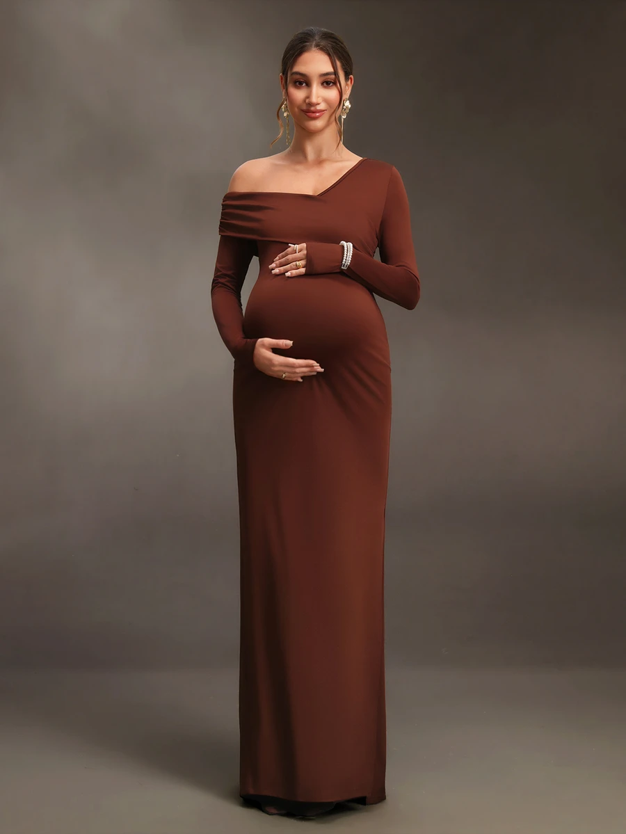 SHEIN Maternity Coffee Brown Cinched Waist Pleated One Shoulder Long Sleeve Slit Dress - Coffee Brown - View 1