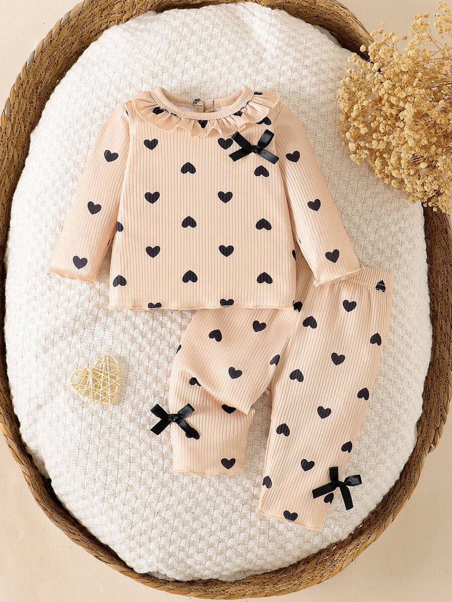 SHEIN Girls' Spring/Autumn Long Sleeve Ribbed High Elastic Set, Sweet Large Ruffle Collar With Delicate Bow, Black Heart Print, Stylish And Durable, Princess Style For Toddlers - Khaki - View 1