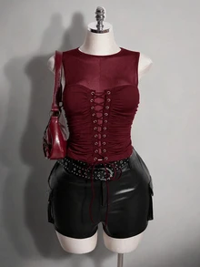 SHEIN ICON Plus Size Retro Y2K Sexy Mesh Patchwork Tank Top - Burgundy - View 9