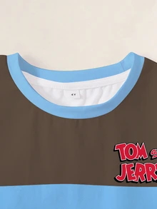 TOM & JERRY X SHEIN Young Boy Cartoon Pattern Print Crew Neck Short Sleeve Colorblock T-Shirt - White - View 3